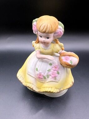 Vintage Girl Holding Flower Basket Music Box Plays Close to You